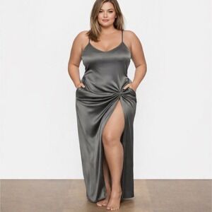SKIMS Silk Slip Dress Maxi High Slit Gunmetal   3X‎